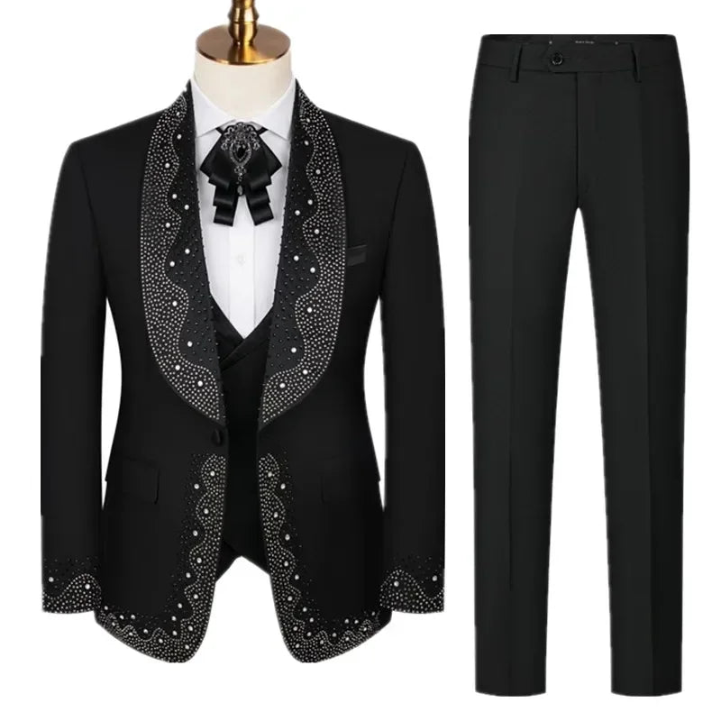 Luxury Wedding Suit For Fashion Men Beaded Slim Fit Groom Tuxedo Gentleman Party Suit 3 Pieces (Jacket+Pants+Vest) 2025