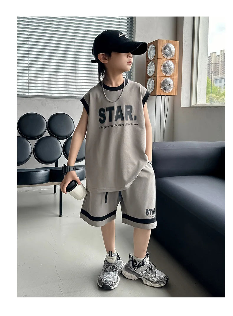 Summer 5-10 Years Old Boys' Sportswear Set 2025 Casual Loose Sleeveless Outfit | Trendy 2Pcs Clothing Letters Kids' Outfit