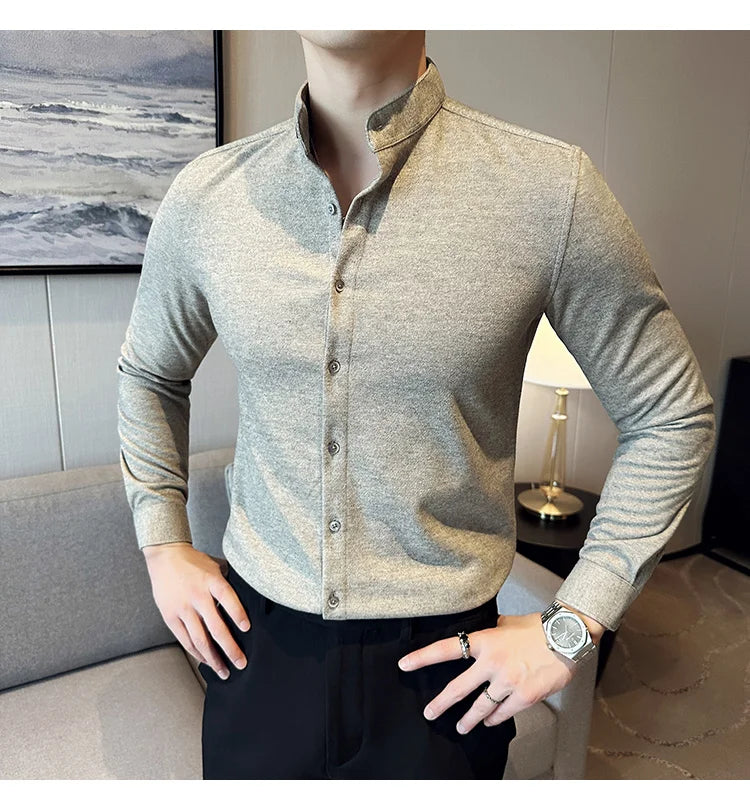 Winter Men Woolen Shirt with British Style Solid Casual Stand Up Collar Thick Warm Wool Formal Dress Shirt Fashion Men Clothing