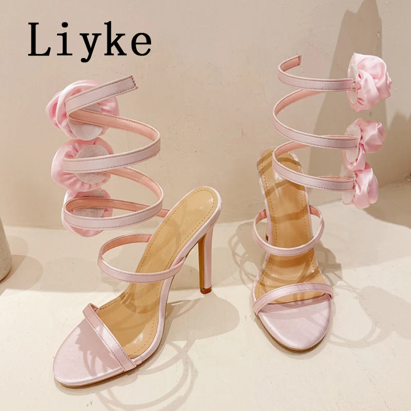 Liyke Elegant Women Wedding Banquet Shoes Fashion Silk Flowers Designer Sandals Female Open Toe Slip On Ankle Strap High Heels