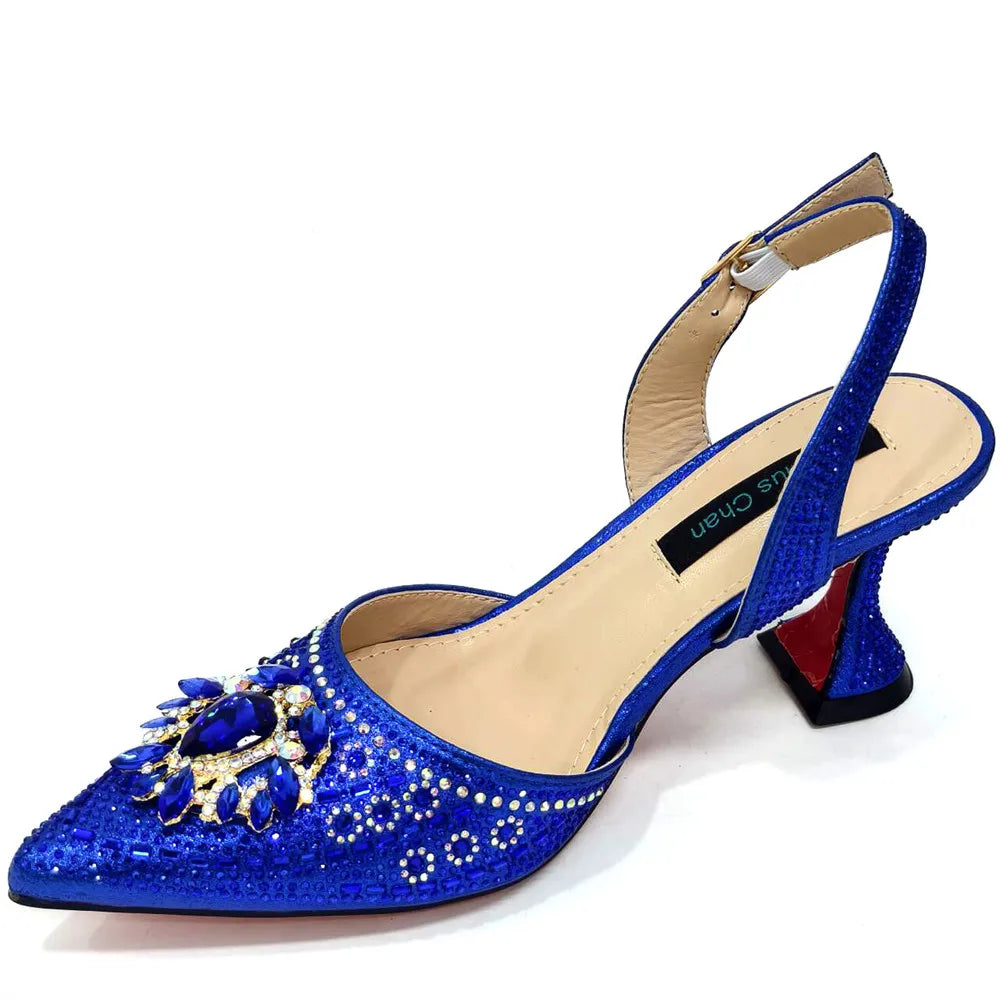 Nigerian Heel Party for Women Blue Color Shoes and Bag Set Rhinestone Handbag Italian Design Wedding INS 2025
