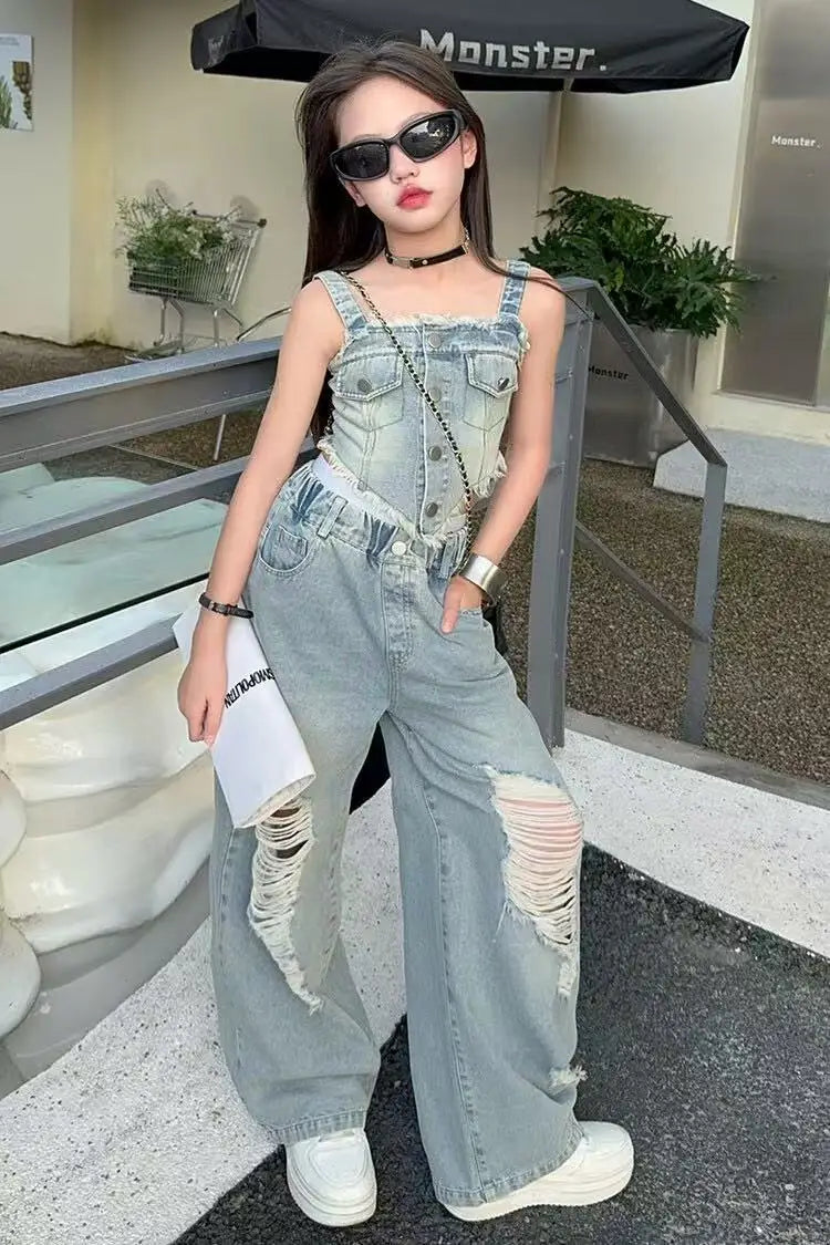 Girl Summer 2025 Halter Vest Ripped Wide-Leg Pants Two-Piece Set Kids Casual Harbor Flavor Simple Style