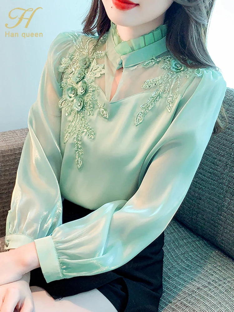 H Han Queen Elegant Autumn Shirt Embroidery Beads Chiffon Simple Office Blouse Loose Tops Long Sleeve Casual Blouses Women