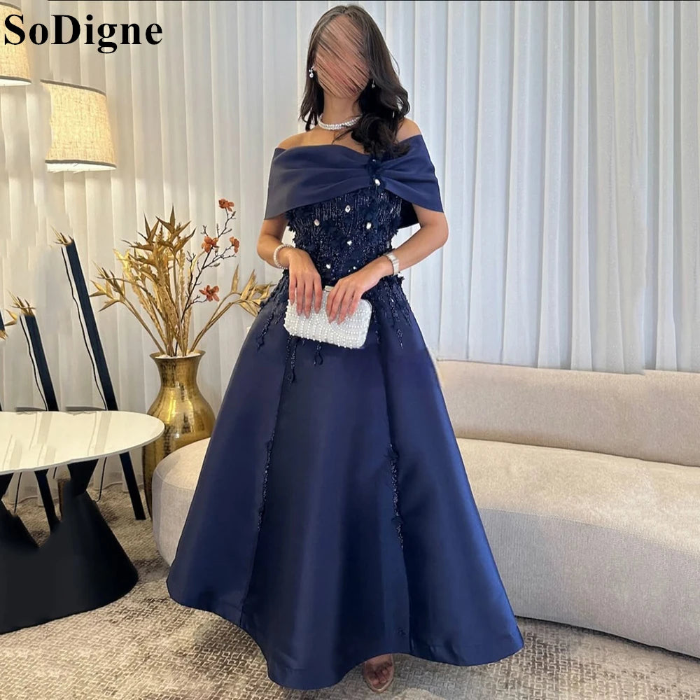 SoDigne Saudi Luxury Navy Blue Evening Dresses A-Line Beading Appliques Off Shoulder 2025 Royal Style Party Prom Gowns Customize