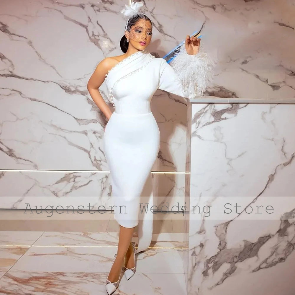 Civil Wedding Dress for Women One Shoulder Feather Long Sleeve Court Gowns Midi Sheath Pearl Applique Bridal Short