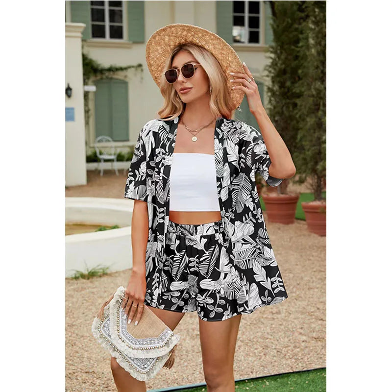 2024 Summer Casual Shirt Two Piece Set For Women Shorts 2 Piece Sets Outfit Print Short Sleeve Short Sets Outfits Home Sets
