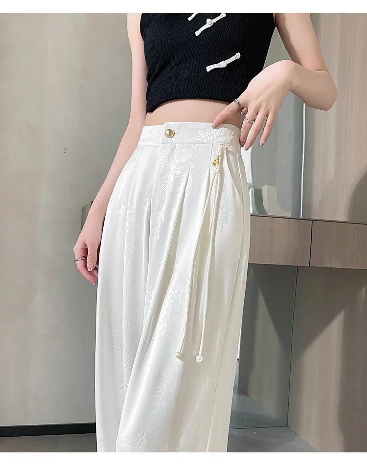 New Chinese Style Jacquard Wide Leg Satin Pants for Women Elegant Solid Office Lady Women's Casual Loose Pants Female