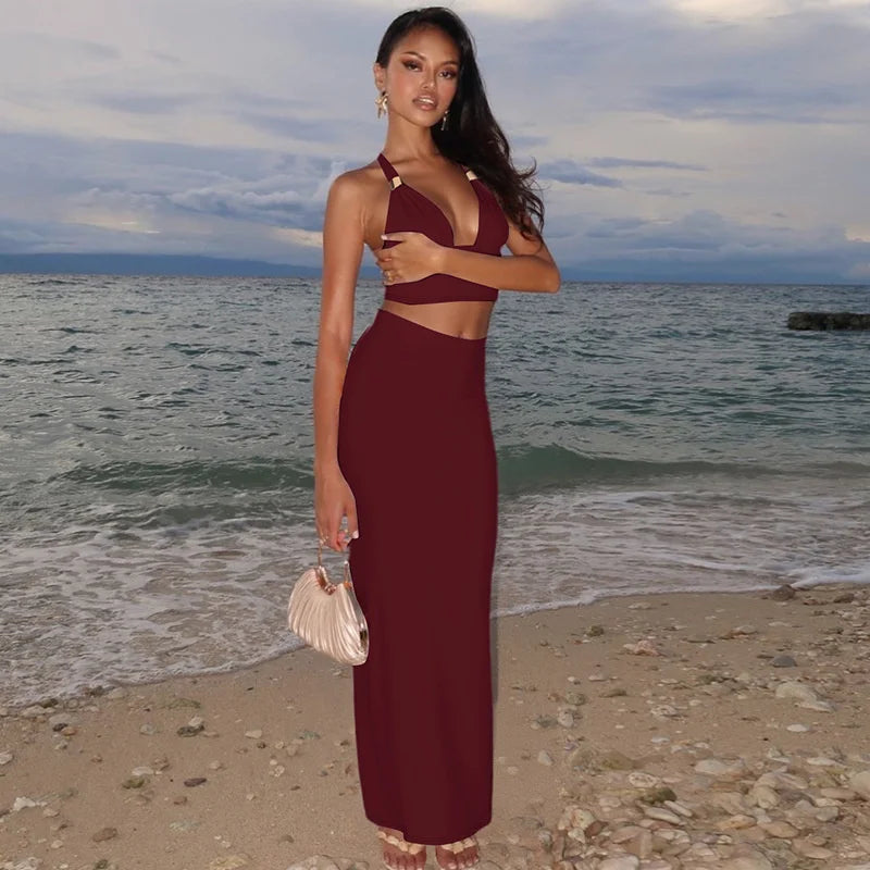 Mozision Elegant Summer 2 Piece Sets Women Metal Ring Crop Tops And Maxi Skirt Female Fashion Solid Lace-up Beach Two Piece Sets