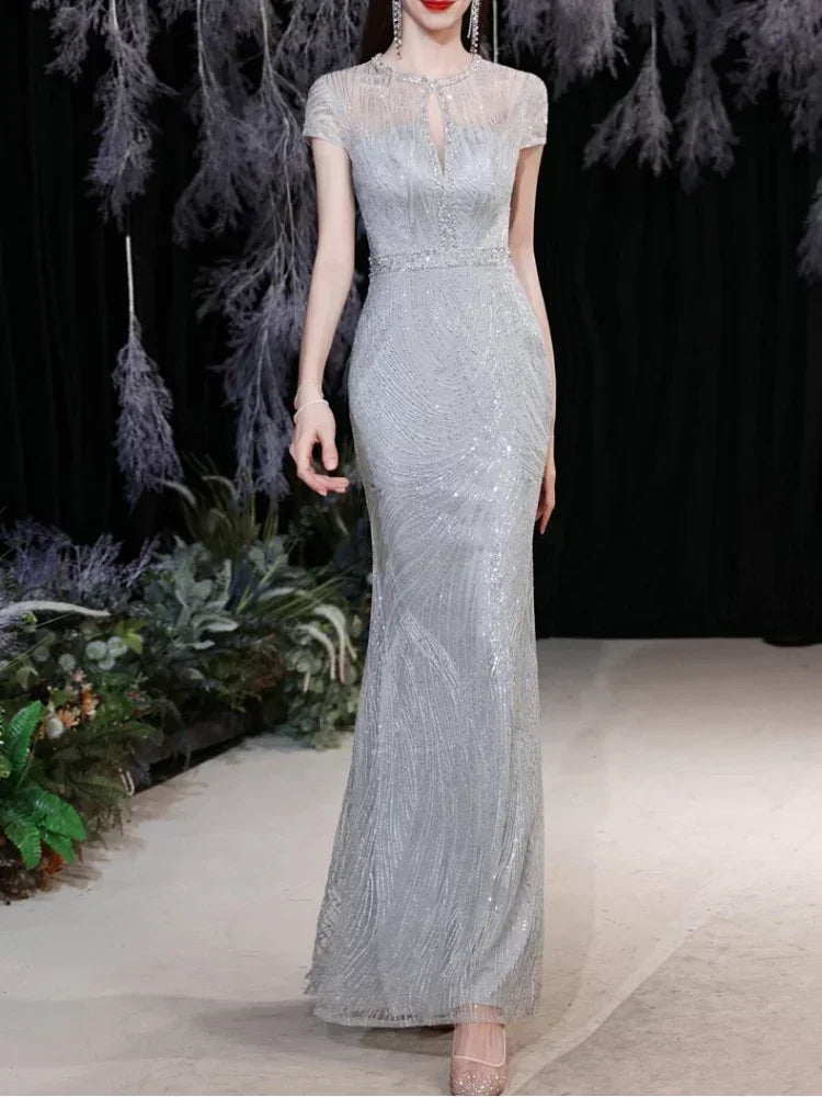 Customized O-neck Sequined Slim Fit Simple Elegant Evening Dresses Sleeveless Wedding Party Vestidos Temperament Elegant Trumpet