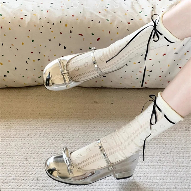 Spring Autumn Wine Red Mary Jane Shoes For Women Low Heel Fashion Butterfly-knot Roud Toe Female Eelgant Dress Leather Shoes