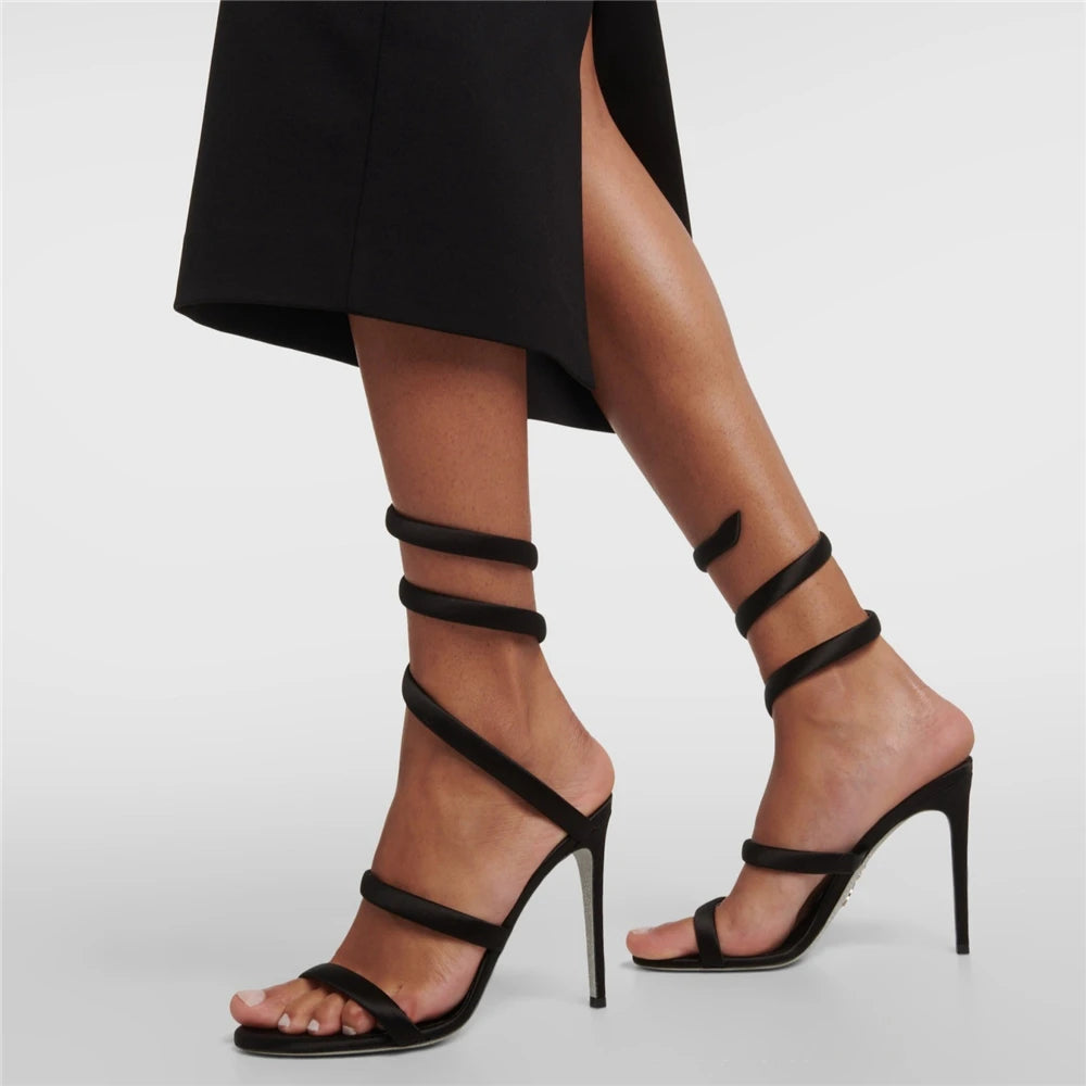 Summer new round toe silk ribbon snake-shaped wrapped sexy sandals thin high-heeled banquet dress large size women's shoes