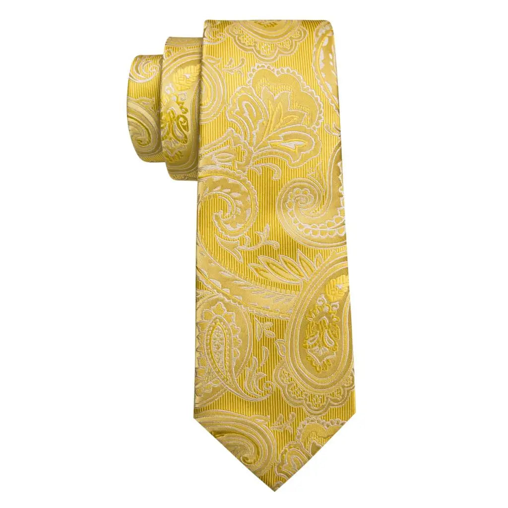 Barry.Wang Gold Beige Yellow Brown Tulip Silk Men Tie Handkerchief Cufflink Set Jacquard Necktie for Male Wedding Business Party
