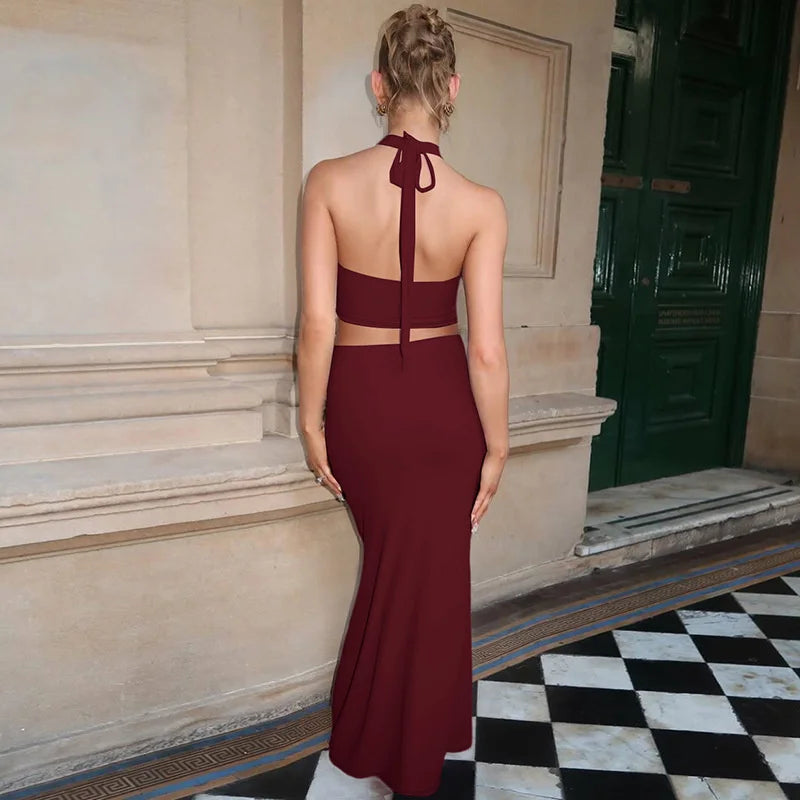 Mozision Elegant Summer 2 Piece Sets Women Metal Ring Crop Tops And Maxi Skirt Female Fashion Solid Lace-up Beach Two Piece Sets