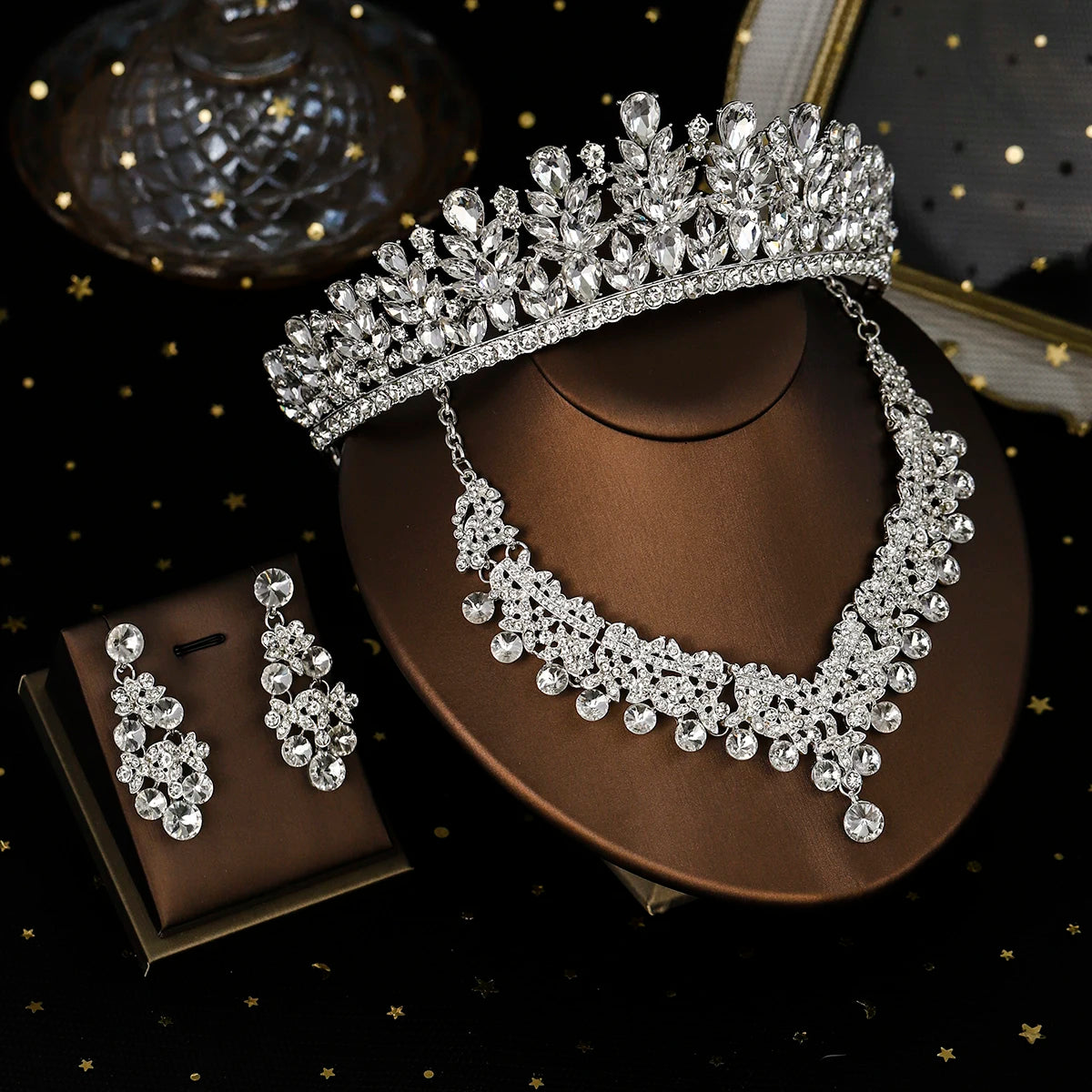 Bridal Wedding Elegant Headpieces Crystal Crown Tiara Classic Earrings & Necklace Set Jewelry Accessories Gifts for Friends