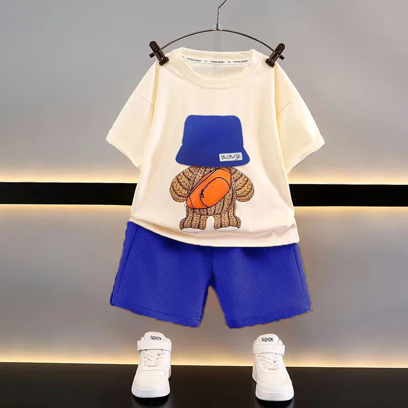Summer Toddler Baby Boys Clothing Suit 2024 New Bear Backpack Printed T-shirt Top+Shorts Outfits Children's Clothing 2PCS Set