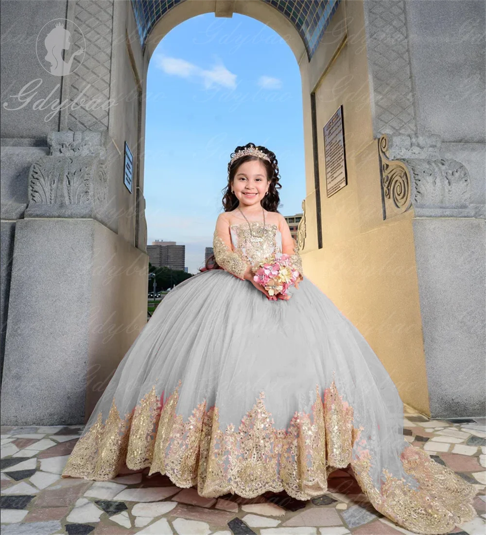 Wedding Long Sleeves Flower Girl Dresses Golden Decal Tulle Children's Bow Party Birthday Pageant Robe Holy First Communion