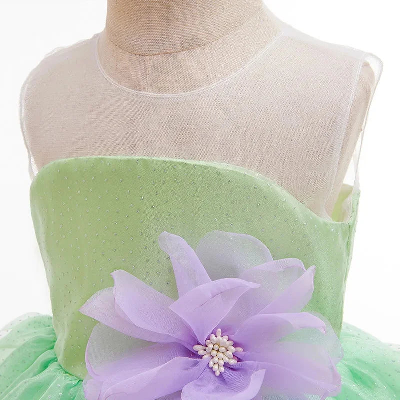 Baby Girl Clothing Flower Fairy Summer Dress For Girls Fashion Shiny Green Princess Dress Sleeveless Ruffle Children Dresses