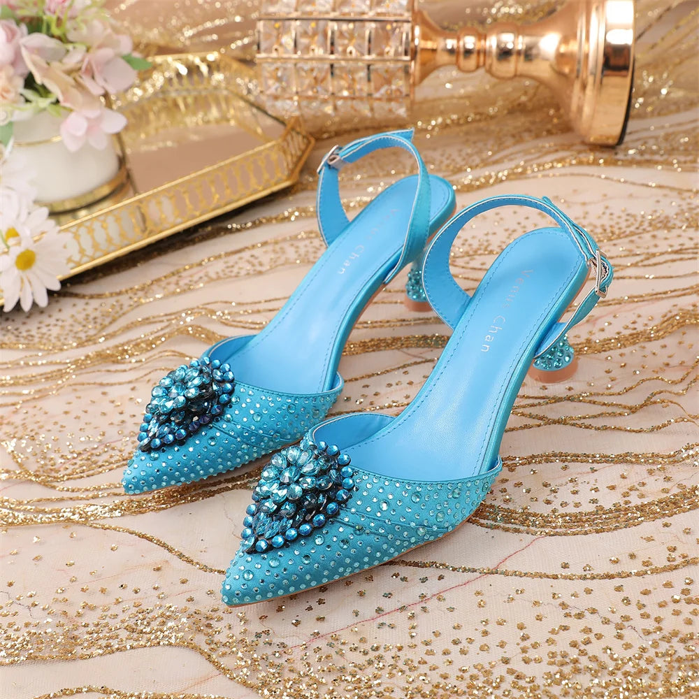 Luxury Elegant High Heels Royal Blue Color Diamond Embellished Pointed Toe Women's Shoes for Wedding Party Casual 2025 Style