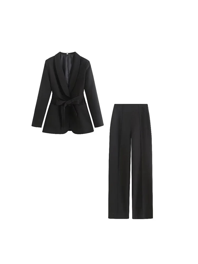2025 Spring Summer 2 pieces sets Fashion Blazers Coats ang Trousers Female Street Solid Sashes Bow Elegant Two Suits Clothing