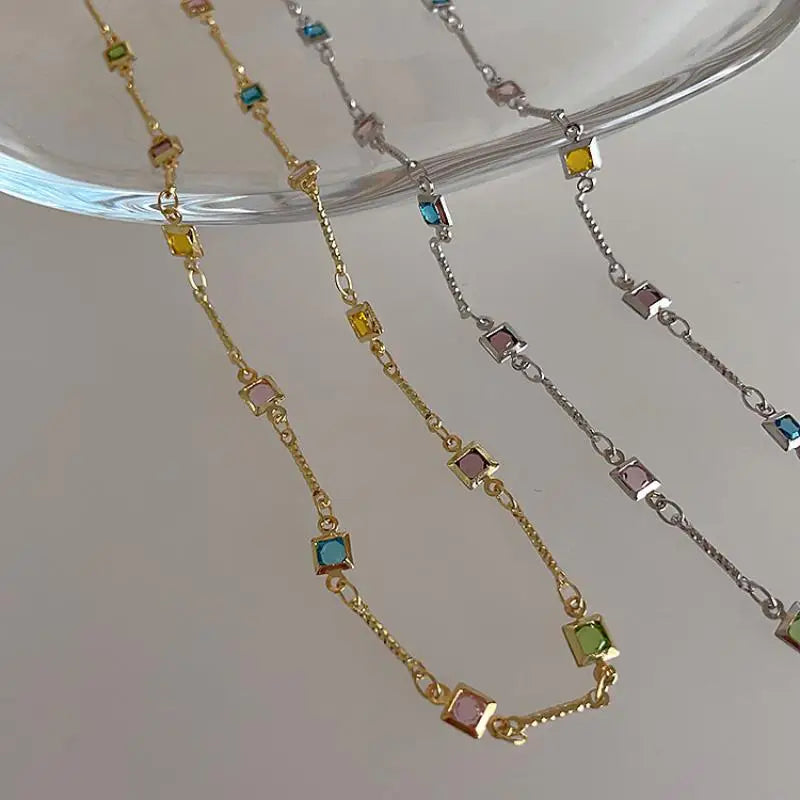 Hot Sale Colorful Square Rhinestone Necklace Fashion Exquisite Light Luxury Zircon Clavicle Chain Female Wedding Jewelry Gifts