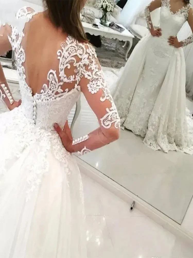 Luxury White 2 in 1 Detachable Mermaid Wedding Dresses 2025 Lace Appliques Saudi Arabia Long Sleeves Bride Gown Vestido De Noiva