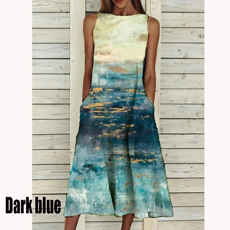 2023 Summer Women Clothing Fashion Elegant Sleeveless Print A-Line Dress Round Neck Casual Party Dresses Girls Sweet Dress
