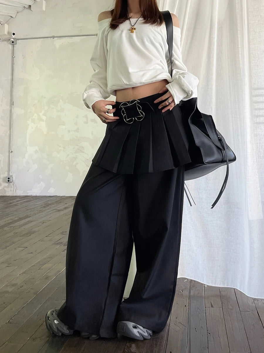 REDDACHiC Women's Pleated Skirt Overlay Suit Pants Work Casual Loose Cleanfit Black Plain Wide Leg Long Trousers Formal Clothes