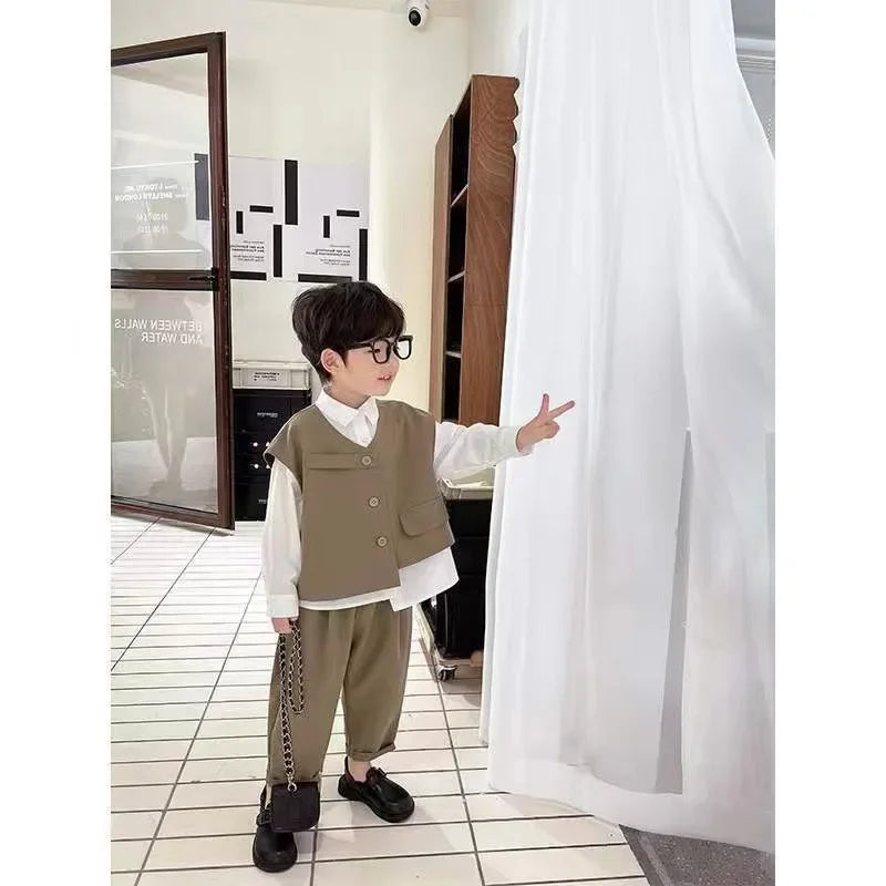 2022 Children Sets Shirts Turn-down Collar Vest Single Breasted Pants Ankle Length Loose Solid Soft Simple Casual Autumn Boys