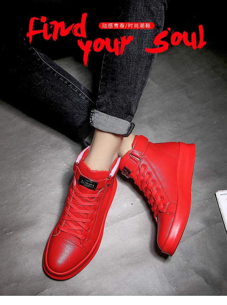 Fashion Luxury Men's Red High Top Sneakers PU Leather Casual Sneakers Men Flat Designer Shoes Breathable Hip Hop Sport Shoes Man