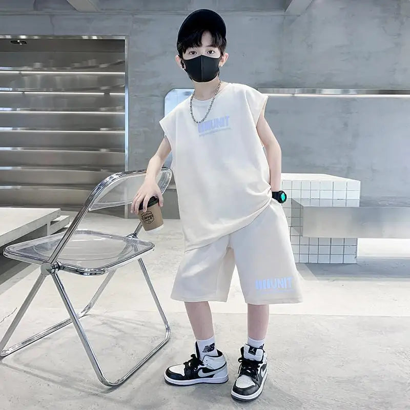 Boys Summer Suit New Children's Sleeveless Vest Sports Suit Fried Street Clothes Cool Handsome Summer Children's Clothing
