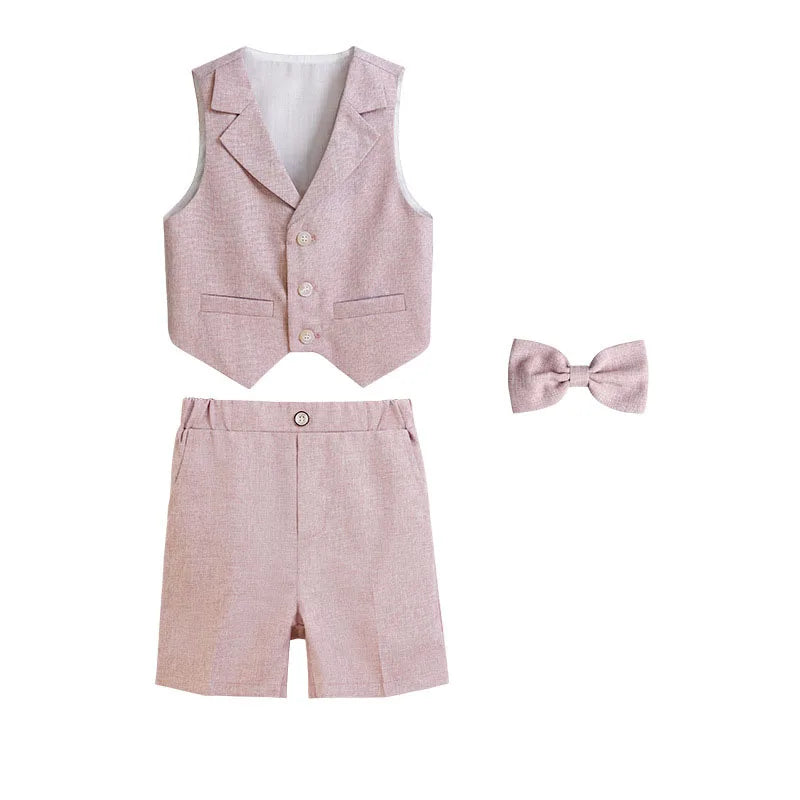 Boys Summer Vest Dress 3Pieces/Set Vest Shorts Bowtie Photograph Suit School Performance Clothing Set Children Wedding Custome