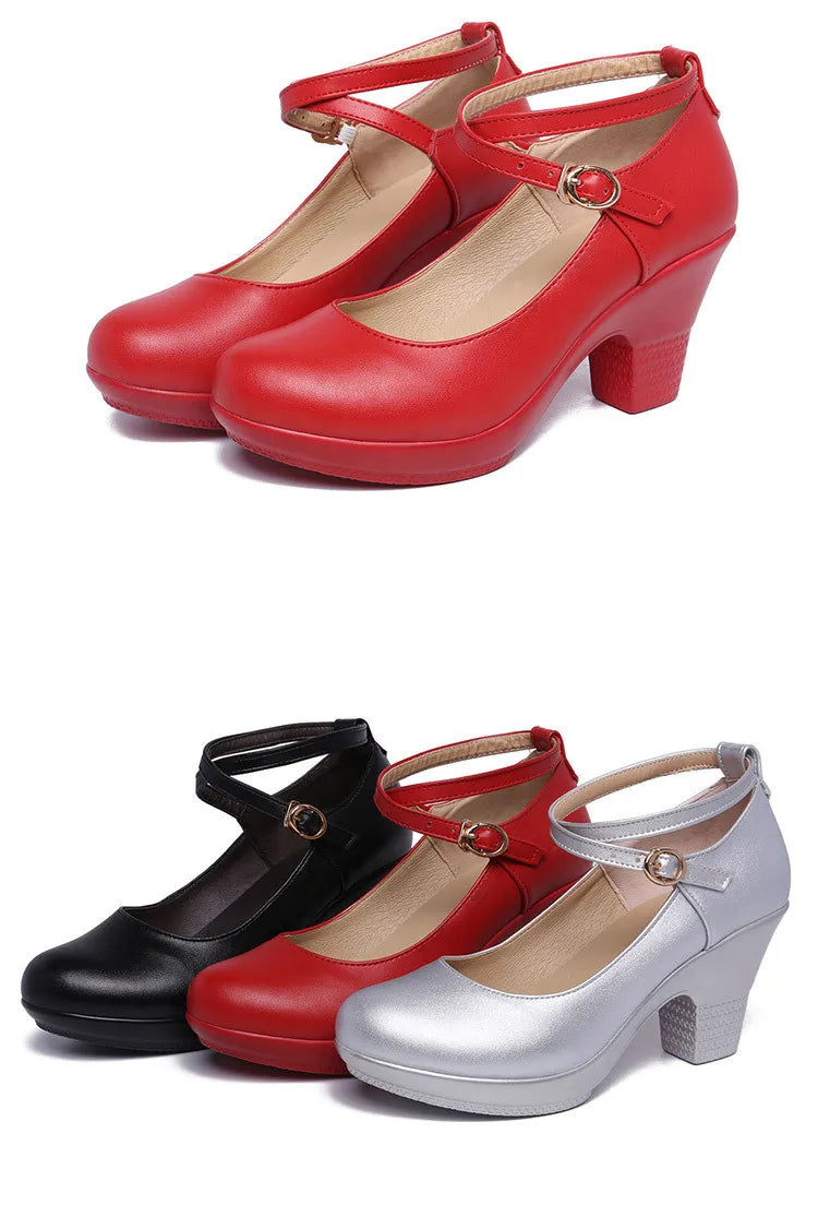 7cm Small Size 32-43 Gladiator Pumps Women Genuine Leather Shoes 2024 Med Block Heels Platform Shoes for Office Model Dance Mom