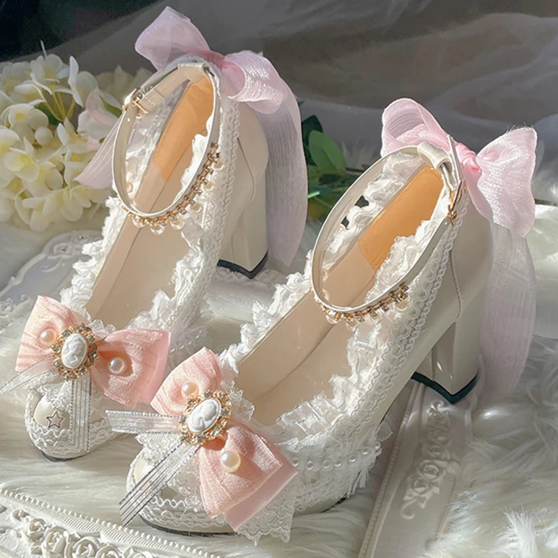 Original Handmade Lolita High Heels Heavy Industry Feather Stitching Pearl Bow Lace Platform Shoes Round Head Princess Heels