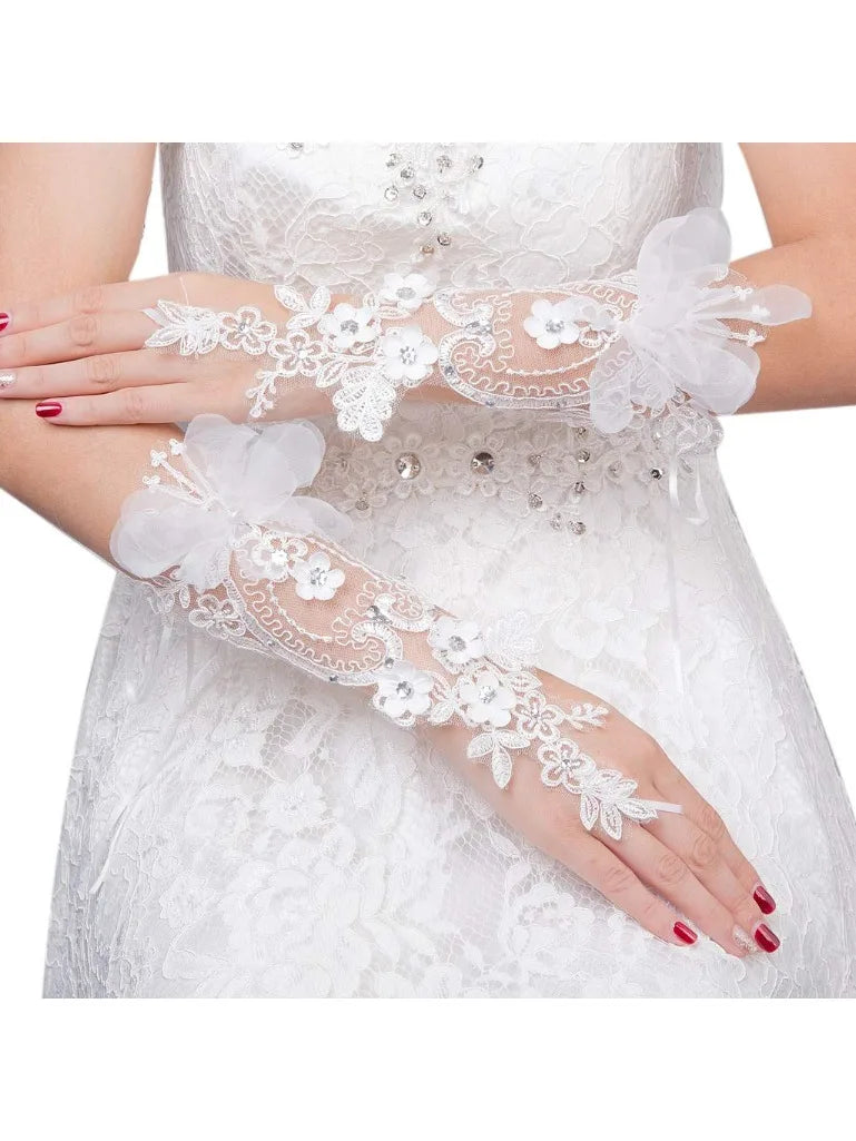 Bridal Gloves Fingerless for Wedding Ivory White Floral Rhinestone Lace Short Party Prom Tulle Crystal Ladies Girls