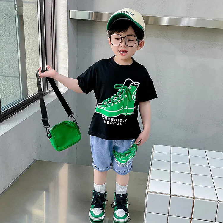 2849 Boys Summer Suit 2023 New Children's Summer Cool Handsome Short Sleeve Baby Boy Thin Fashionable Clothes