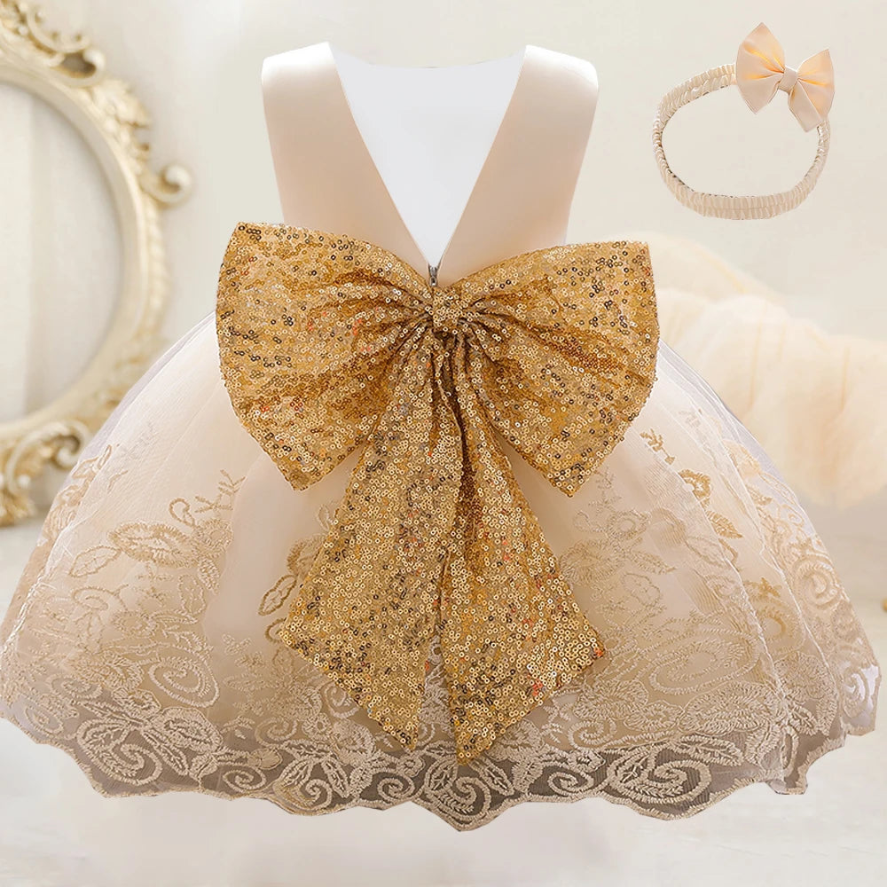 Gold Bow Flower Baby Dress for Girls Christmas Costumes 1st Birthday Party Princess Dresses Wedding Formal Evening Kids Clothing