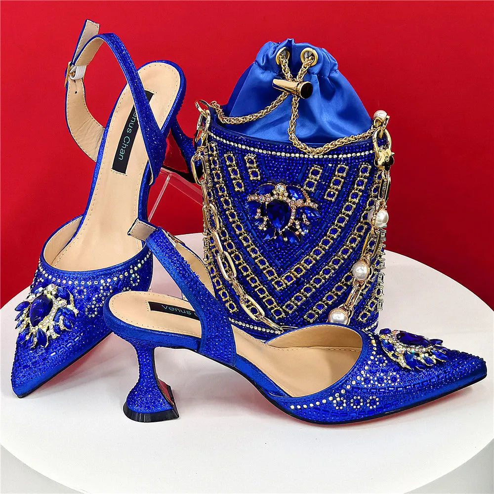 Nigerian Heel Party for Women Blue Color Shoes and Bag Set Rhinestone Handbag Italian Design Wedding INS 2025
