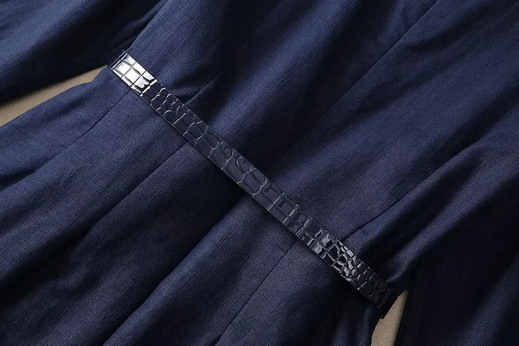 LD LINDA DELLA Elegant Commuter Solid Color Women's Dress Autumn Winter Turn-Down Collar Lace-UP linen long sleeves Dresses
