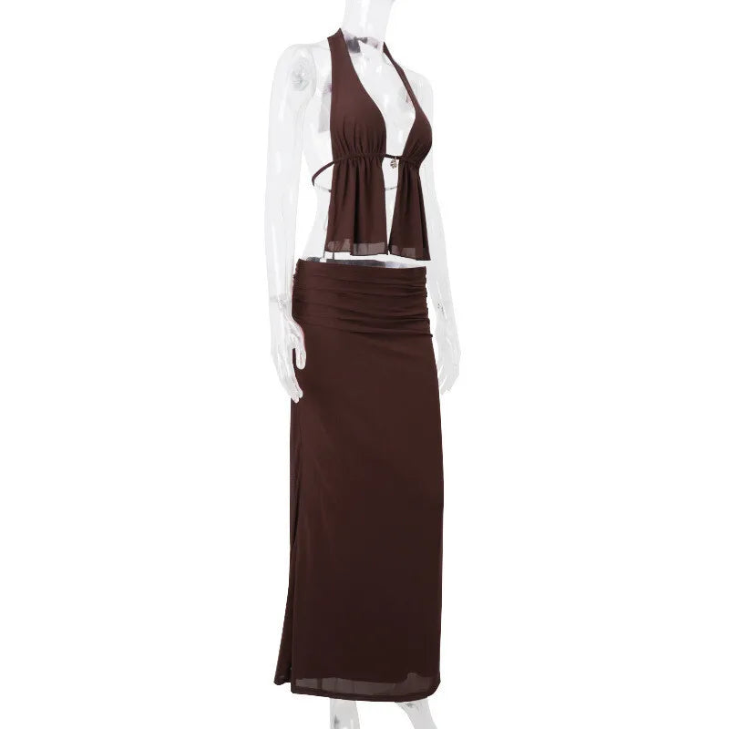 Mozision Hollow Out Lace-up Sexy Skirt 2 Piece Sets Women Brown Halter Crop Tops And Maxi Skirt Female Skinny Sexy Two Piece Set