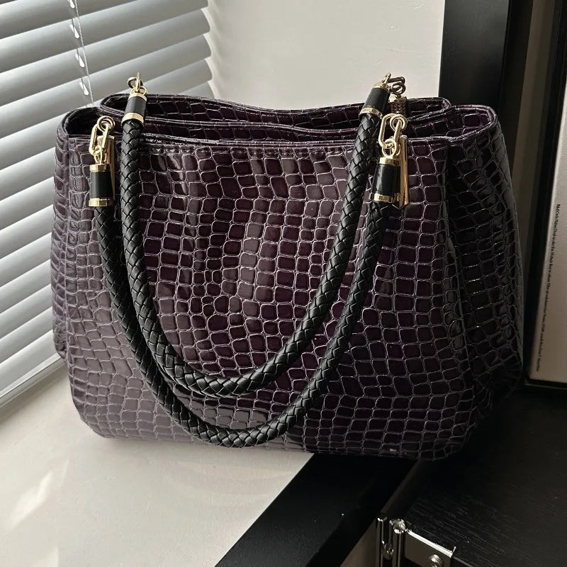 Classic Stone Texture Top-Handle Bag with Crocodile Print Elegant Shoulder Bag for Sophisticated Women in Europe and America