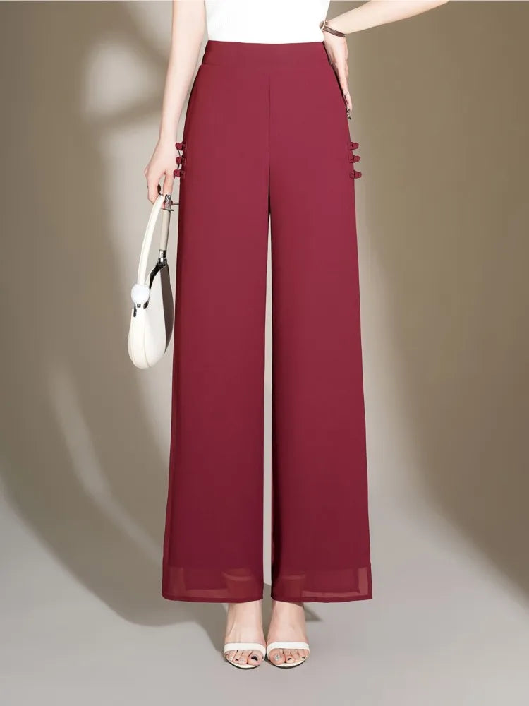 ZUZK Slit Chiffon Long Pants Summer Comfortable Elastic Waist Slim Double Layer Chiffon Pants Chic Droop Chinese Style Pants