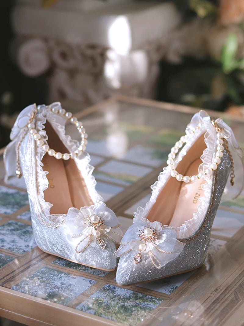 Lolita High Heels One Night Story Lolita Shoes Shiny Pointed High Heels Flower Wedding Ceremony 18 Year Old Slim Heels