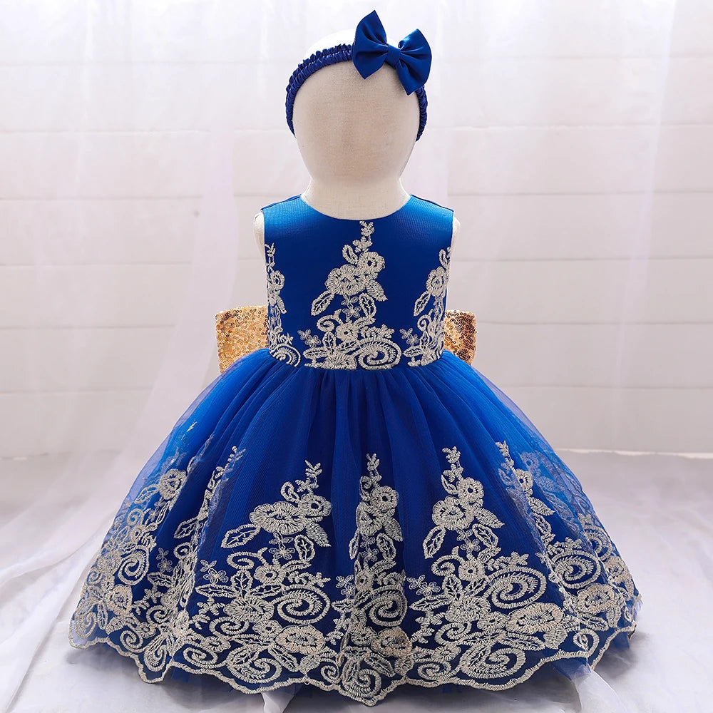 Gold Bow Flower Baby Dress for Girls Christmas Costumes 1st Birthday Party Princess Dresses Wedding Formal Evening Kids Clothing