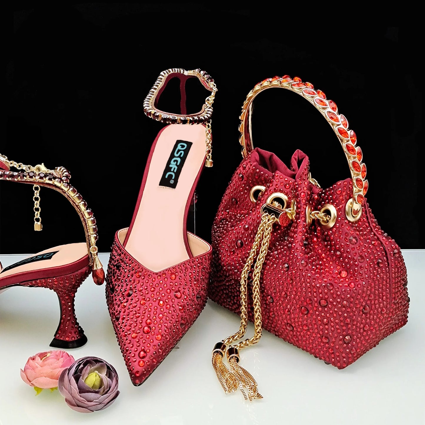 QSGFC New Gold Glitter Fabric Pointed Toe High Heels With A Variety Of Shapes Of Rhinestones Fashion Party Ladies Shoes And Bag