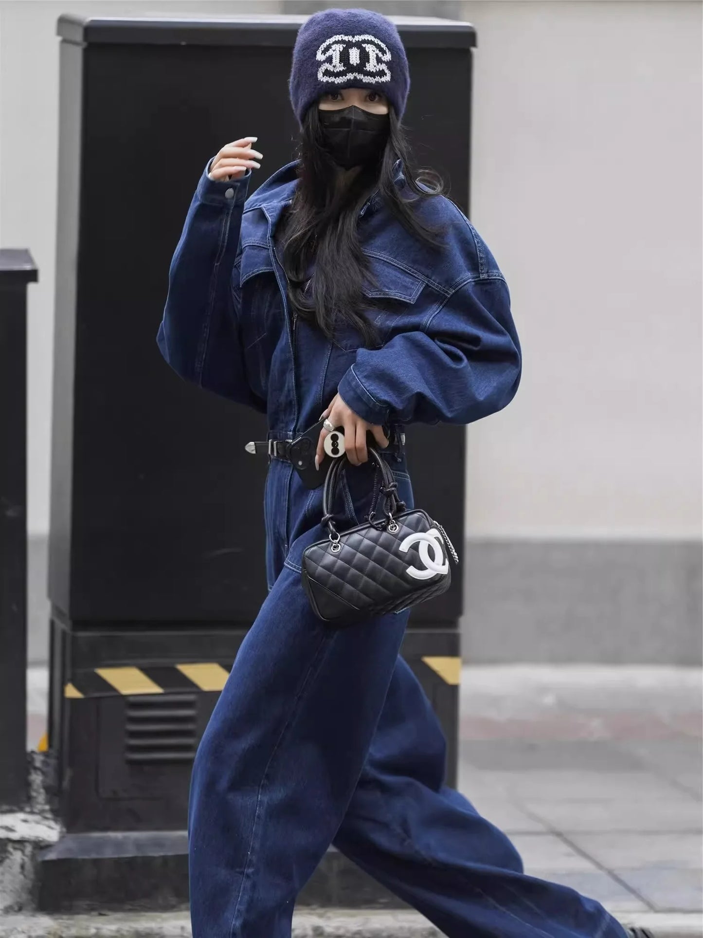 Blue Design Denim Jumpsuit Women'S Spring And Autumn Collar Fashionable Workwear Large Pocket Loose Pants