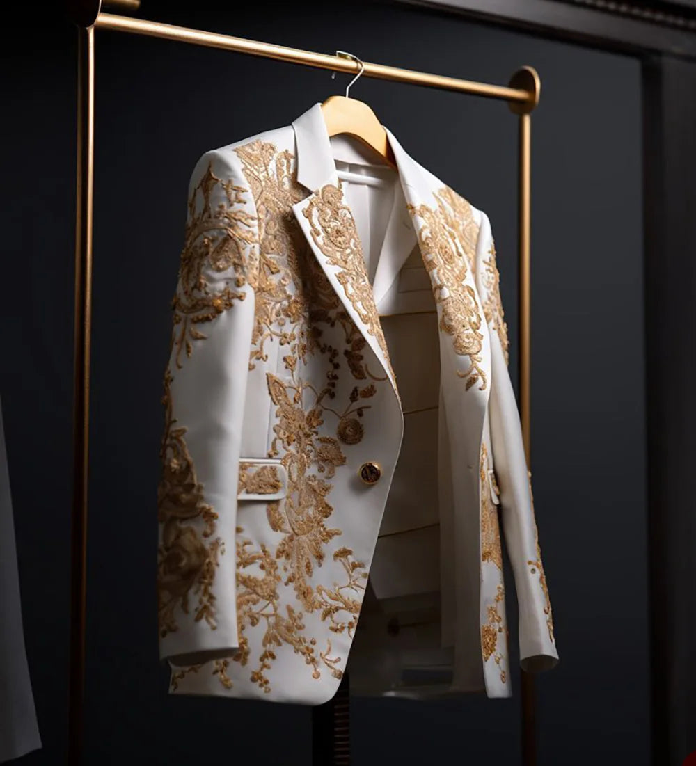 Fashion Wedding Men's Suit Gold Exquisite Embroider Business One Coat Tailor-Made Groom Formal Occasions Size Customized