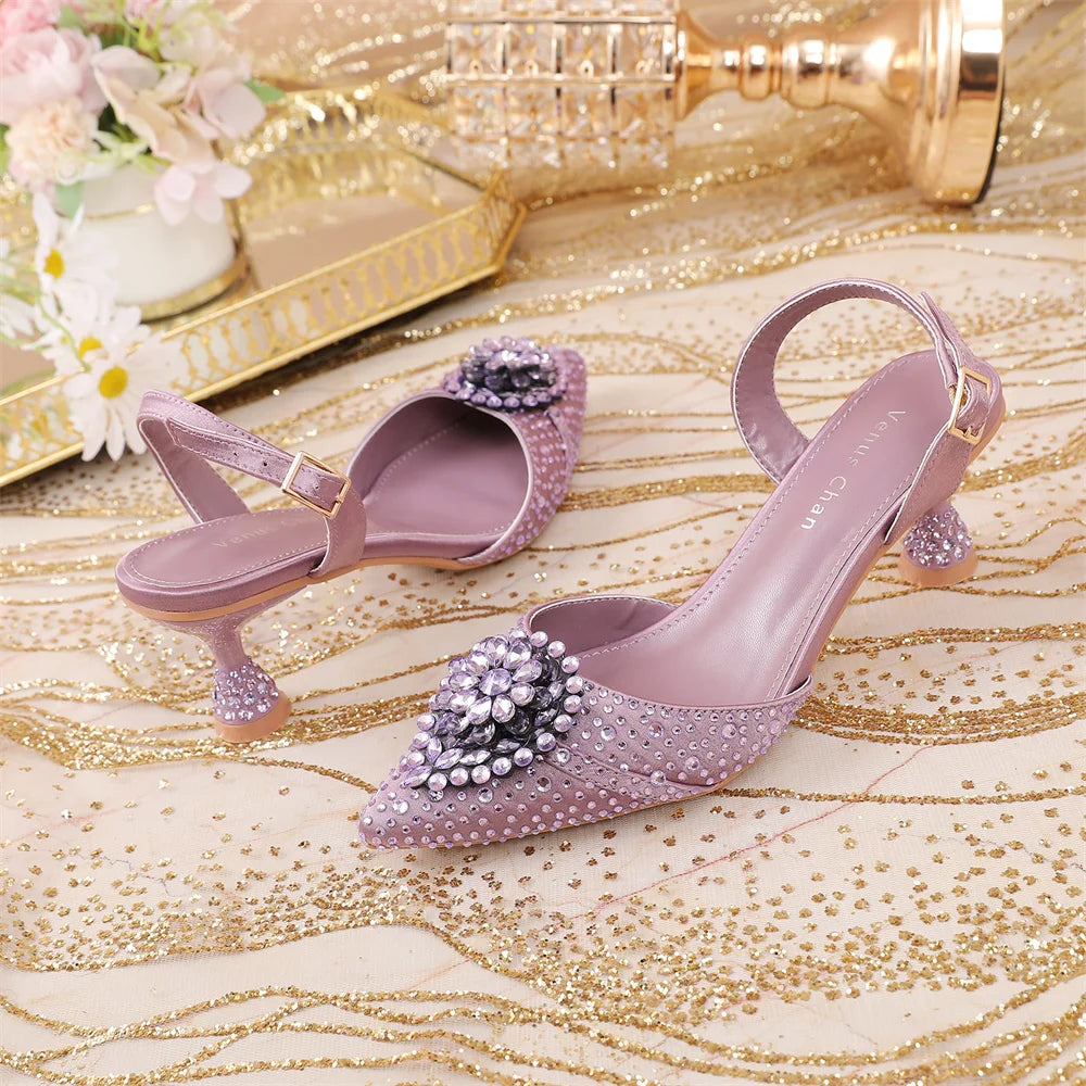 Luxury Elegant High Heels Royal Blue Color Diamond Embellished Pointed Toe Women's Shoes for Wedding Party Casual 2025 Style