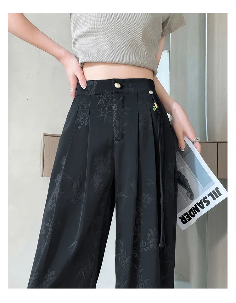 New Chinese Style Jacquard Wide Leg Satin Pants for Women Elegant Solid Office Lady Women's Casual Loose Pants Female