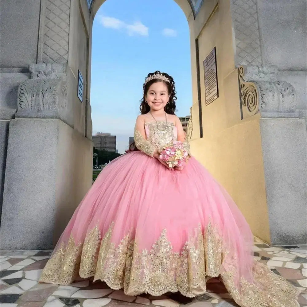 Wedding Long Sleeves Flower Girl Dresses Golden Decal Tulle Children's Bow Party Birthday Pageant Robe Holy First Communion