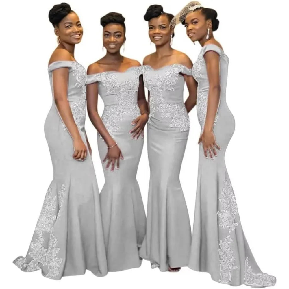 Burgundy Womens Off The Shoulder Mermaid Bridesmaid Dresses for Wedding Lace Satin Prom Dresses Long Formal Evening Gowns Africa